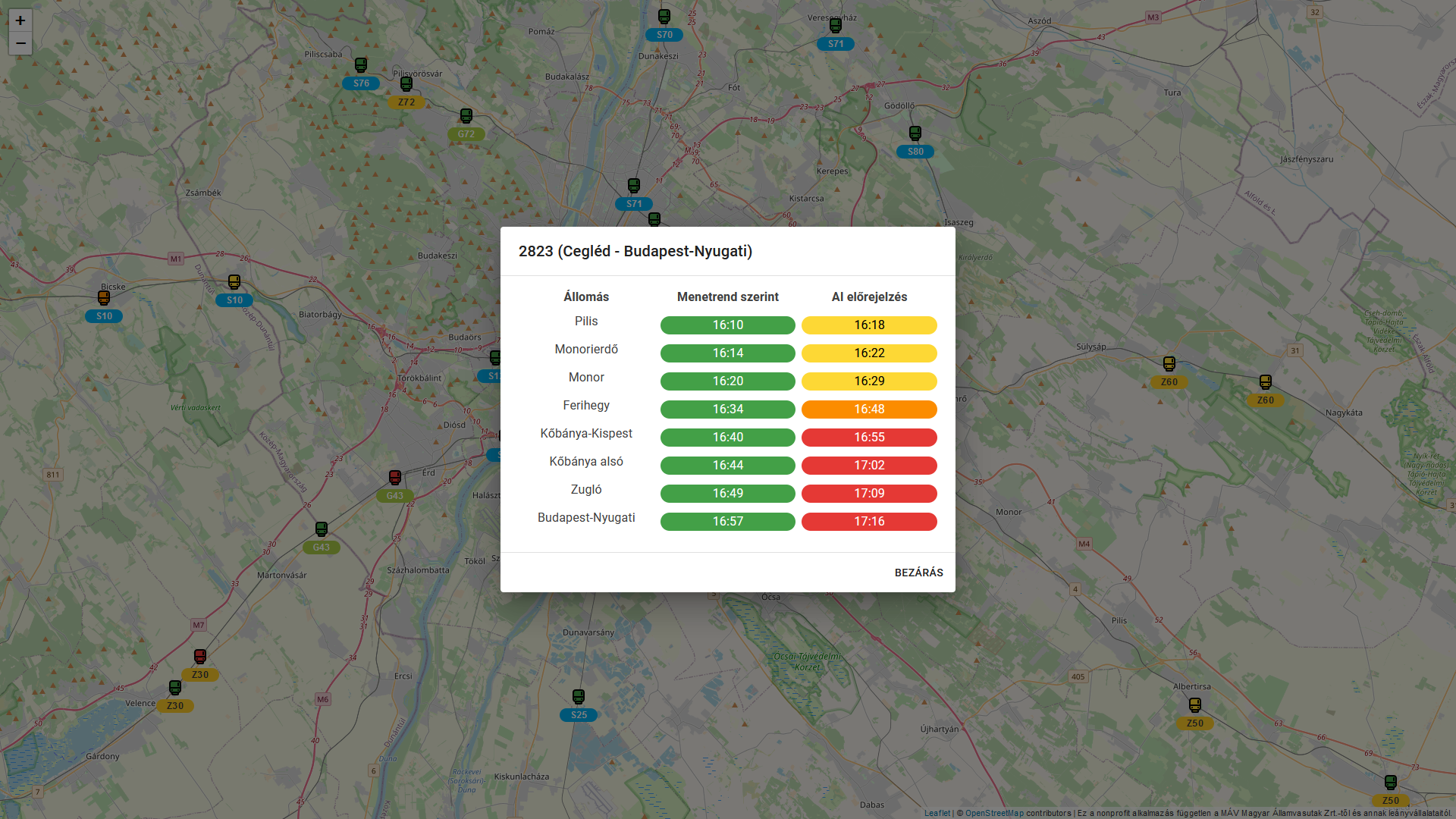 Screenshot of the delay predictions for a selected train